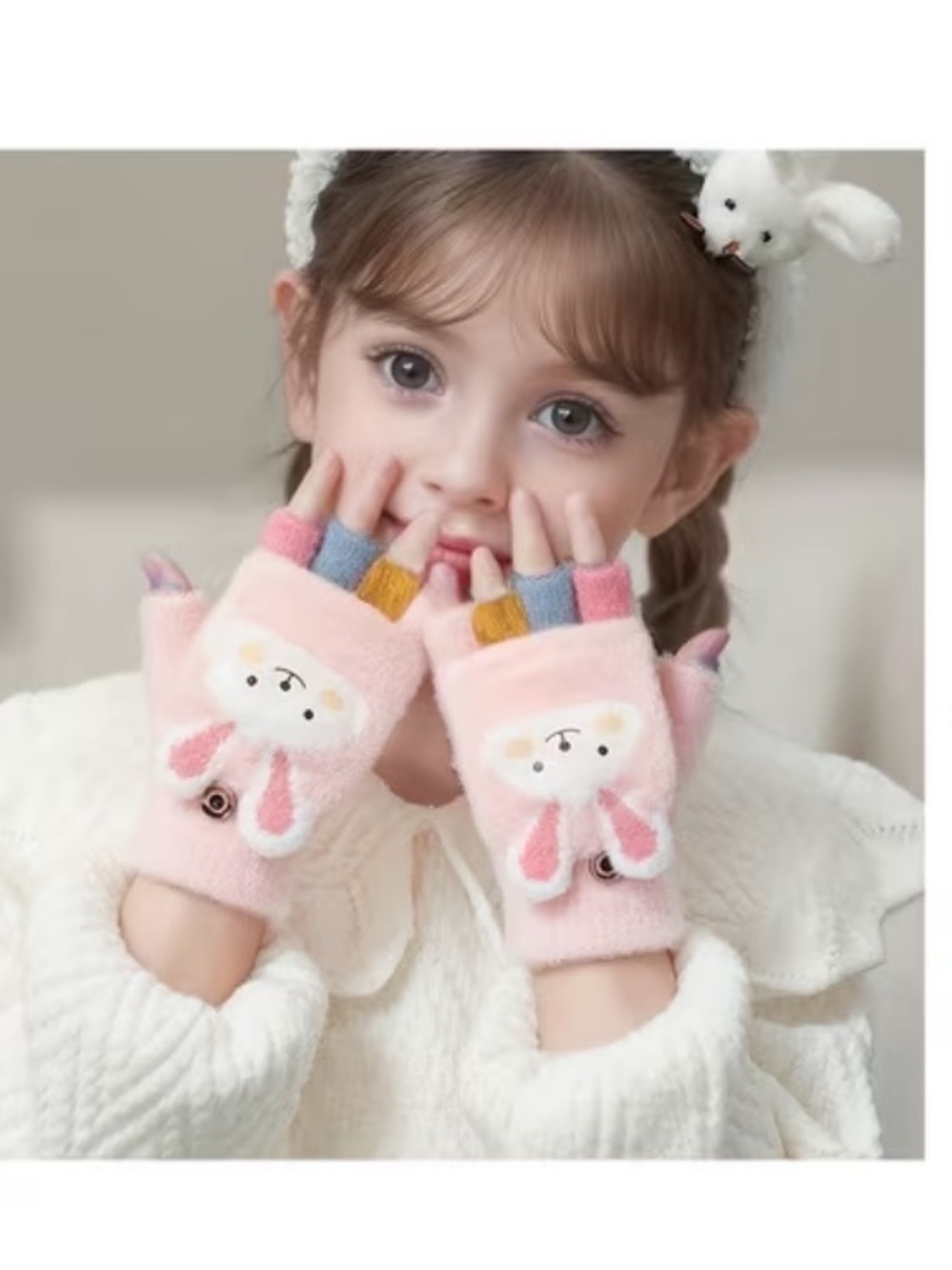 Girl bunny pink fingerless gloves and mitten- 2 in 1 gloves
